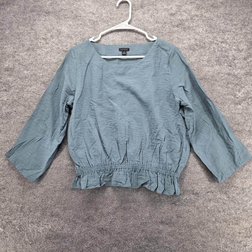 Ann Taylor Blouse Womens M Blue Cropped 3/4 Sleeve Square Neck Ruffle Rayon